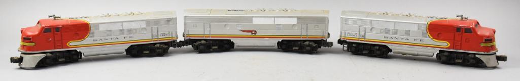Postwar Lionel Lines Santa Fe No. 2353P, 2353T & 2343: These are three terrific Lionel Lines F3 trains. Lot is a No. 2353P, 2353T and 2343C and are for the Santa Fe Railroad. Look to be all original and seem to be a bit hard to come by.