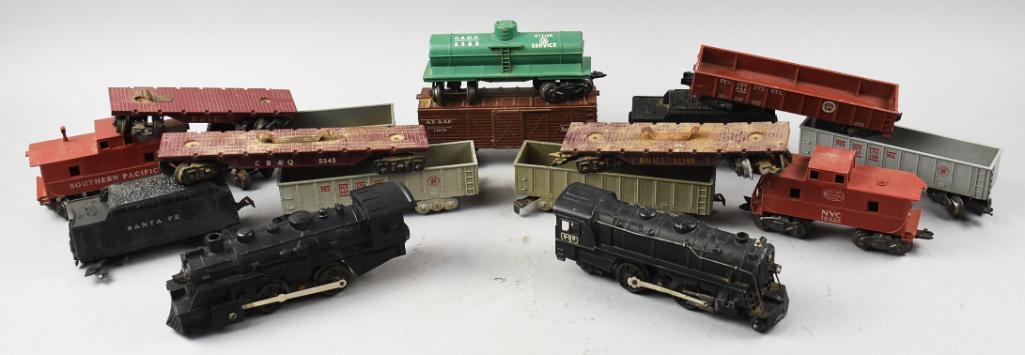 Vintage Mar/Marx Locomotives, Tenders & Cars: There is enough pieces here to make a nice train set and start another. Lot includes a pair of locomotives with tenders and various train cars that include gondolas, flat cars, a box car and a couple 