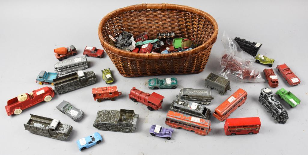 Large Vintage Lot Diecast Cars & Trucks, Midge, Tootsie: This basket is filled with various cars, trucks, buses and trains. Many are Midge with Tootsie and more.