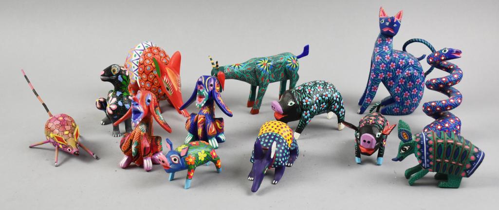 Vintage Oaxaca Folk Art Animals, Artist Signed: All but one of these bright and colorful Oaxaca folk are animals are artist signed. There are dogs, pigs, armadillo and more. Artists are Marina Mota, Juan Garcia, Jose Gilberto Fabian, Pedro Ramirez,