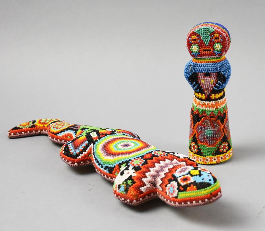 Vintage Mexican Beaded Huichol Tribe Lizard & Doll: These are great Huichol Tribe beaded display pieces. The Huichol is an indigenous group of people living in remote states in Mexico. They are unsigned. The lizard is 14" long and the doll is 6" tall
