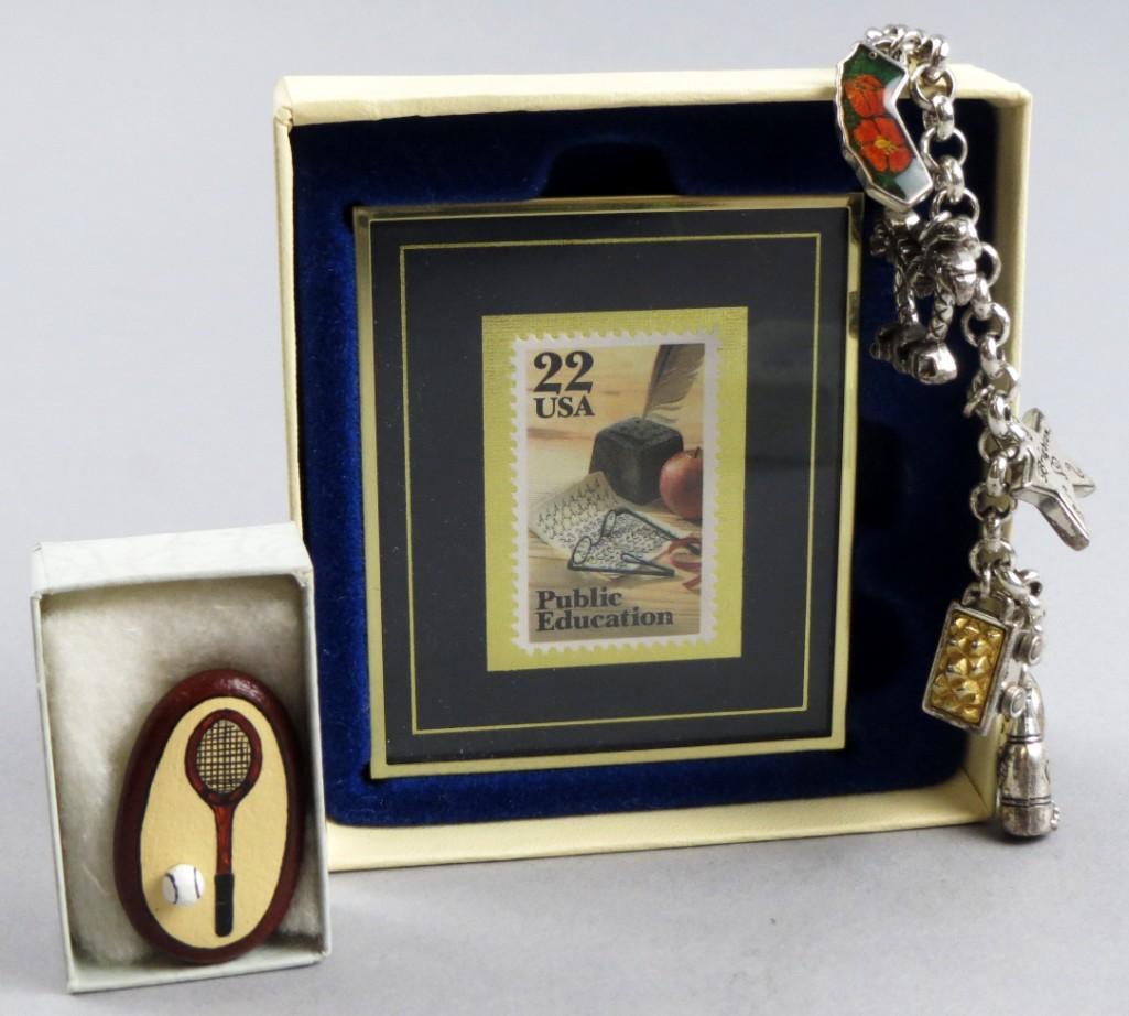 California Themed Charm Bracelet & More: California themed Charm Bracelet. Plus a Commemorative Stamp, and a tennis theme brooch.