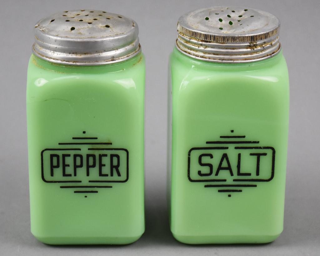 c1940 McKee Jadite Art Deco Salt & Pepper Shakers: These cool salt and pepper shakers are from the McKee Utility Ware in jadite. These pieces ran from 1930-51. Art Deco style with original lids that appear aluminum. Both approx. 4.5" tall x 2 x 2