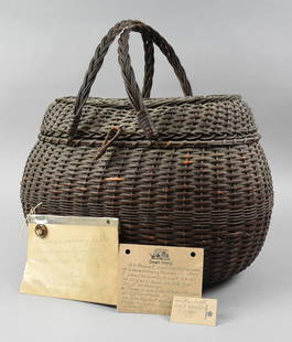 c1860 Wicker Woman's Workbasket With Provenance: This is an amazing basket that is over 150 years old. It is a double swing handles. Hand woven with flip top and hand made latch of same material. Comes with provenance that includes the previous