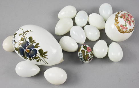 (16) Victorian Art Milk Glass Easter Eggs: Wonderful big lot of Victorian Easter eggs. All are blown milk glass with a baker's dozen small eggs, one hand painted with blue and pink flowers and green leaves. One large egg with pansy and