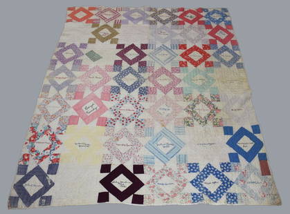 Vintage Hand Sewn Boyd Family Tree Quilt: This is a beautiful quilt with Boyd family history. It appears entirely hand sewn with a member of each family embroidering their names in some of the squares. One date is by Mr. and Mrs. McMartin Mar