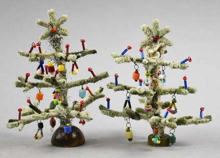 Vintage/Antique German Miniature Feather Christmas Trees: These sweet little trees are of German origin. One is older with a paper label marked Germany, wire fuzzy branches with what appears to be cotton fluff. The other with paper label 30959 Printed in