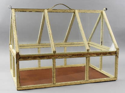 Primitive Antique Terrarium, Rustic Painted Frame: Beautiful antique terrarium. Wooden frame is painted in cream, center trim appears to be tin with scallops and heart corners. Measures 22.5" x 15.5" x 17" tall