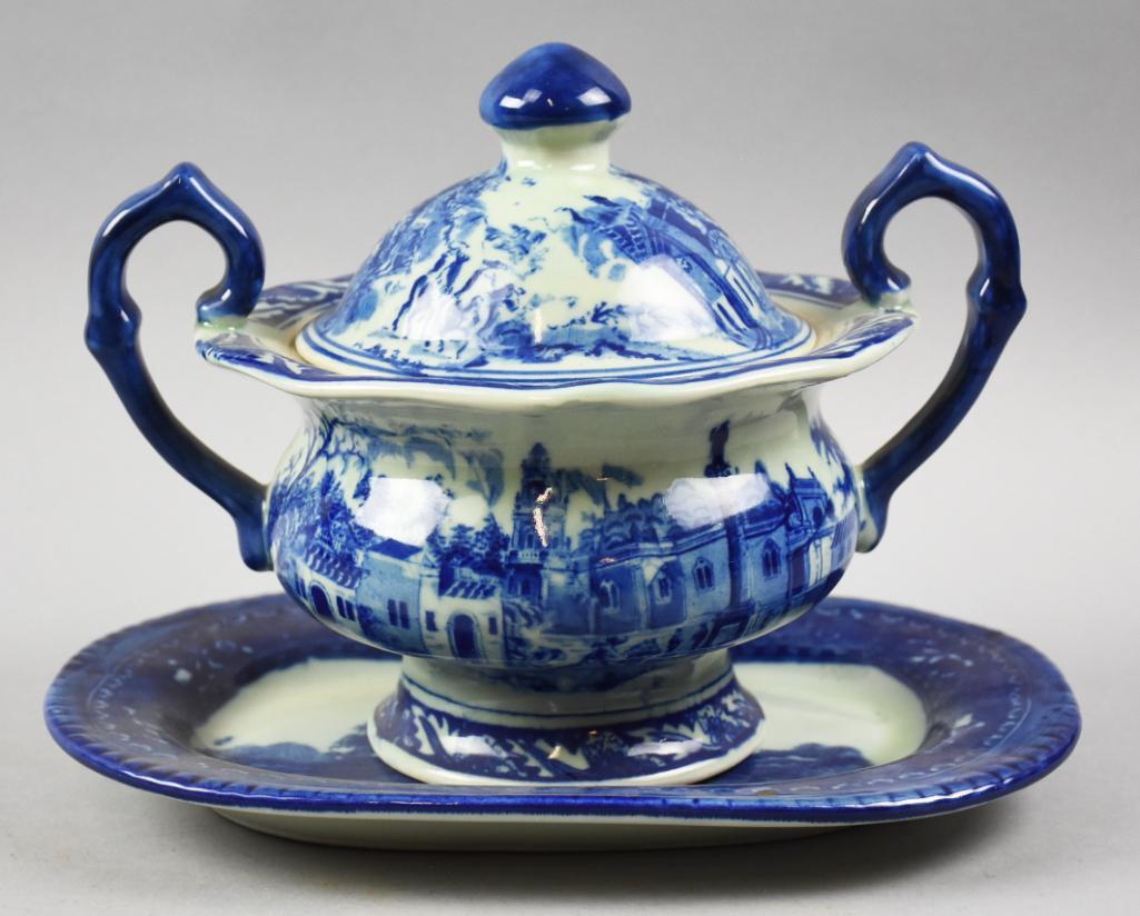 VIntage Victoria Ware Ironstone Blue & White Serveware: Nice pieces of vintage ironstone. Platter is marked with the Meakin lion mark and measures 11" x 8". The lidded dish with handles has a contemporary mark Victoria Ware Ironstone and stands approx 7.5"