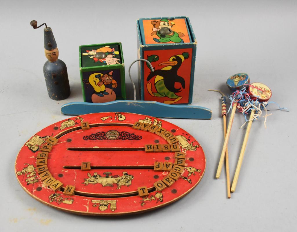 Vintage/Antique Child's Toys & Music Boxes: Fun variety of children's toys and music boxes. Lot is a wonderful educational Cress Board, measuring 9.5" x 13", a small wooden gentleman music with head crank, a pair of Tom Lamb vintage music boxes