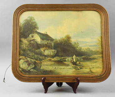 Vintage Framed Countryside Lanscape Print: This is a sweet vintage print of a countryside with a boy fisherman. calendar artwork from the 1910s-1940s. It's been framed in a pretty curved frame and appears all original. Measures 19" x 23"