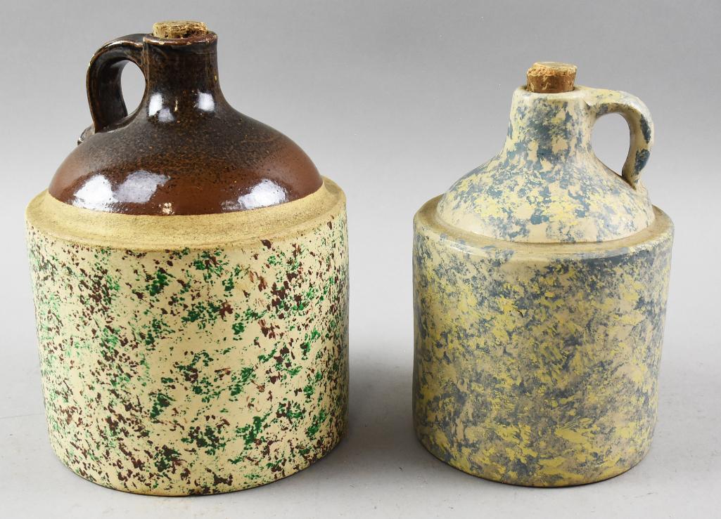 Pair Antique Stoneware SpongeWare Decorated  Whiskey Jugs (1 of 4)