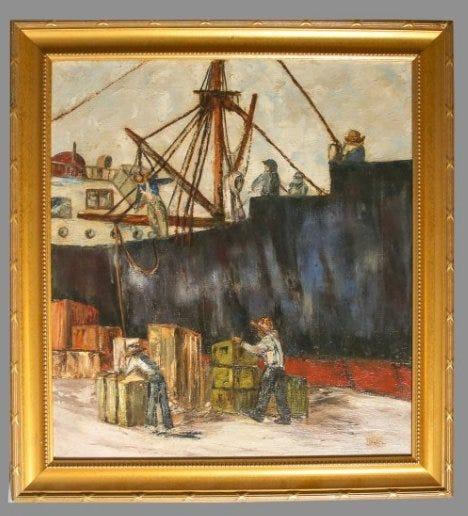 Vintage Oil on Canvas Dockside Scene, Signed Thelma (1 of 3)
