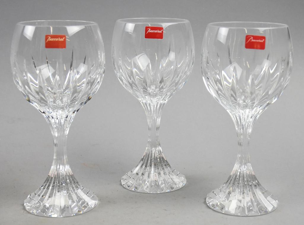 Baccarat Massena Claret Wine Glasses, Original Box: These are pretty pieces of Baccarat crystal. These claret wine glasses are in the Massena pattern and all stand approx 6.5 tall.? One original box and small brochure
