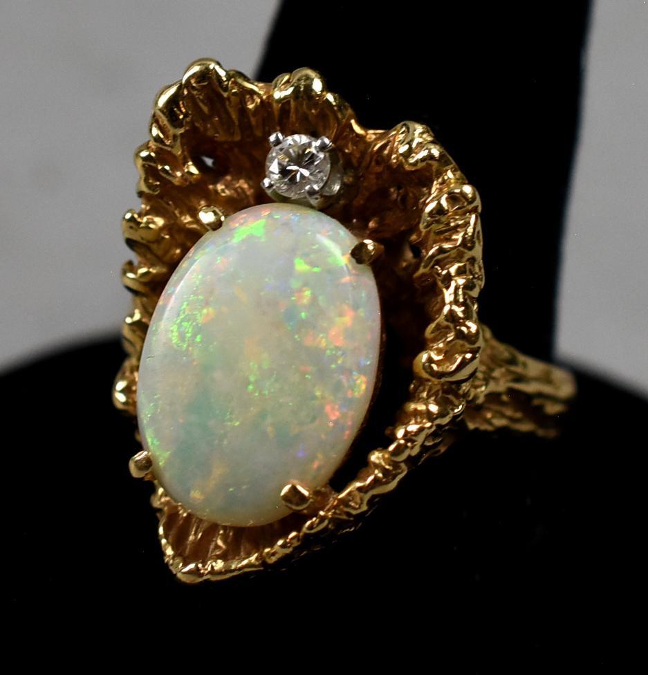 14K Gold Opal and Diamond Ring, Opal Stud Earrings (1 of 14)
