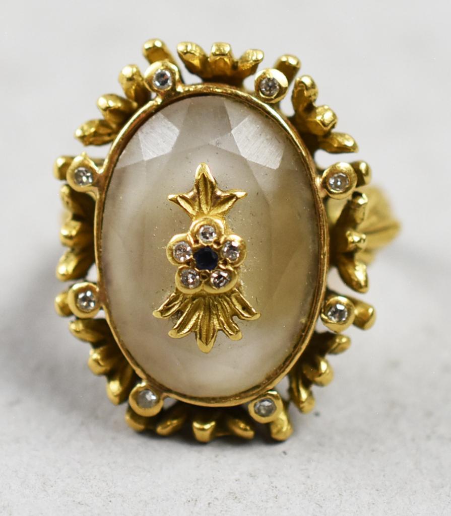 18K Gold Quartz, Diamond & Spinel Ring, Signed (1 of 13)