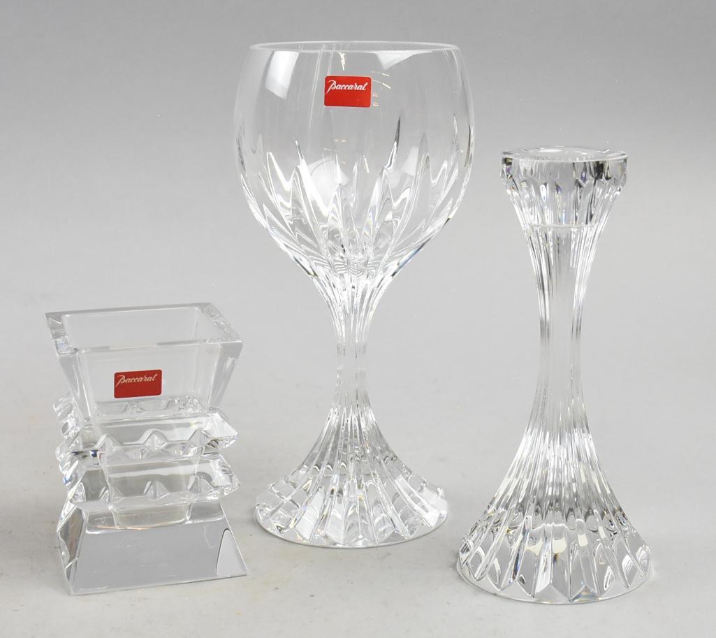 (3) Bacccarat Crytal, Votive, Candle Holder & Wine: These are wonderful pieces of French Baccarat, one comes with original box. Lot is a votive candle holder standing 3.5 , Massena water glass standing 7.5 and a Massena candle holder standing 6 tall. A