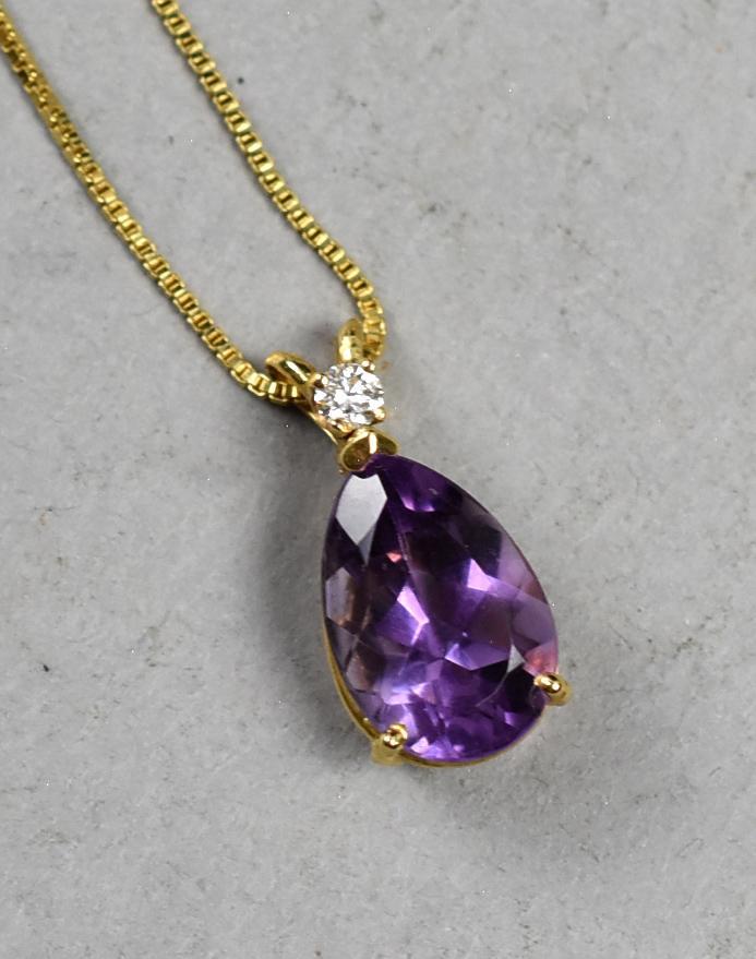 14K Gold Box Chain Amethyst & Diamond Pendant, Earrings (1 of 10)