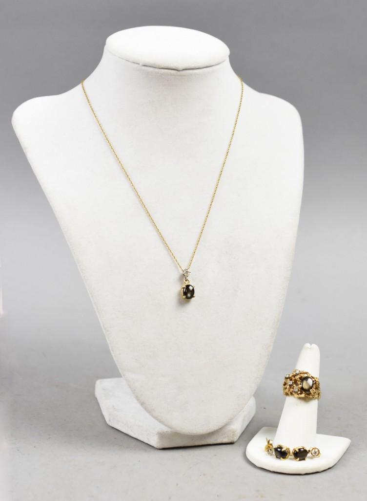 14K Gold, Smokey Topaz Parure, Brutalist Style Ring (1 of 16)