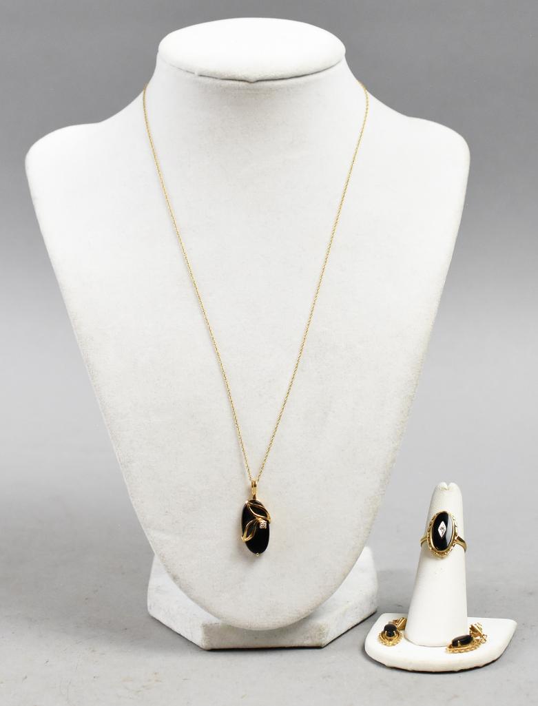 14K Gold Onyx & Diamond Necklace, Ring & Earrings (1 of 15)