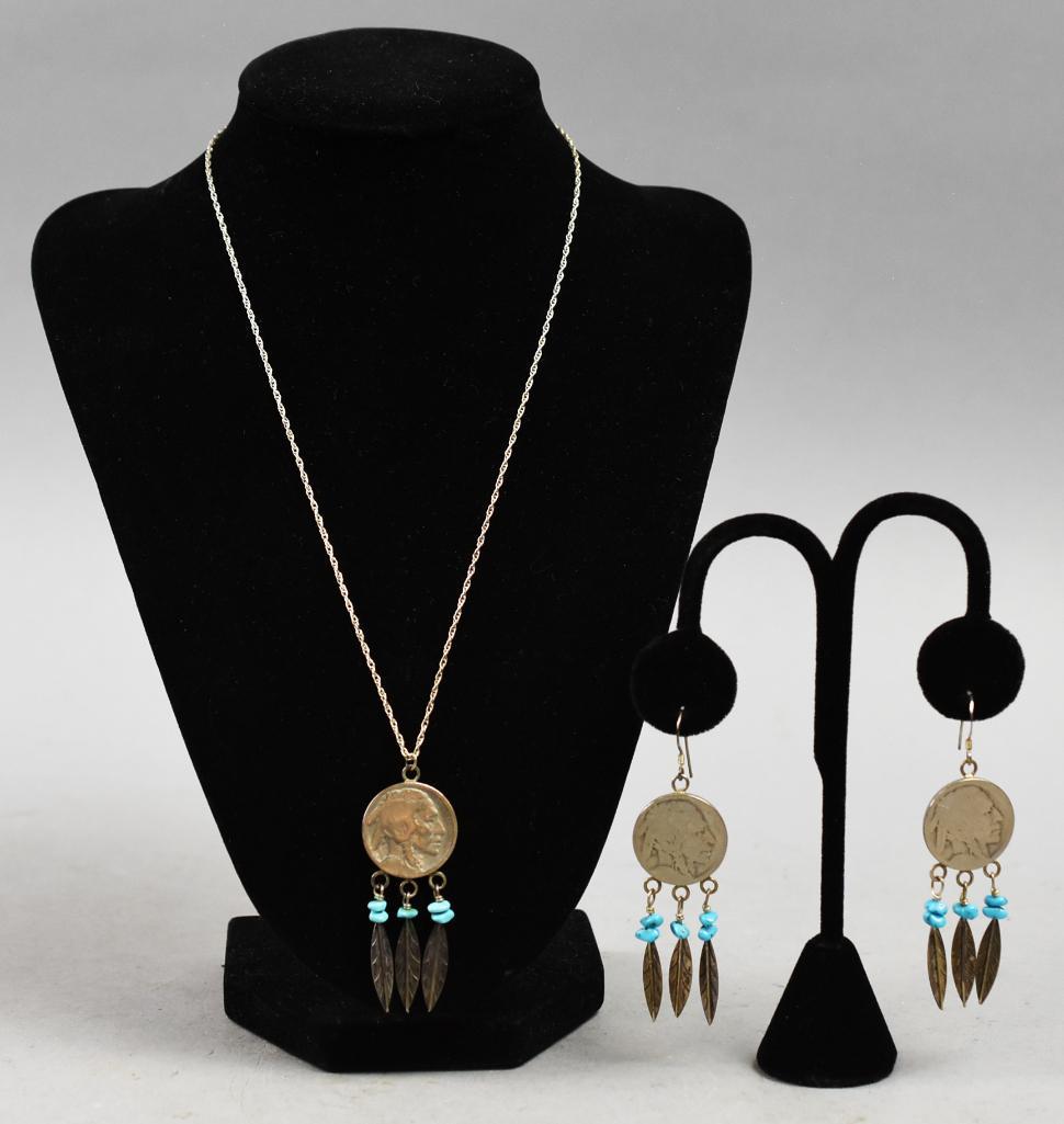 Vintage Native American Sterling Buffalo Nickel Jewelry: These are beautiful pieces of Native American jewelry made from Indian head/Buffalo nickels. Each piece has sterling feathers with turquoise stone accents, pendant is on a sterling chain The nickels a