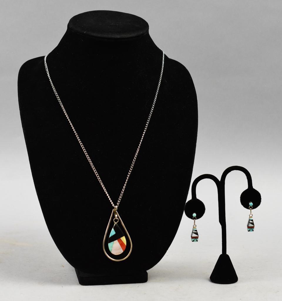 Dale Lucio/Richard & Geneva Terrazas Zuni 925 Jewelry: These wonderful sterling pieces are Zuni. Lot is a beautiful teardrop pendant on a Whiting & Davis chain.? Pendant is stamped R & G.T. for Richard and Geneva Terrazas (also Mexican jewelers).? The ear