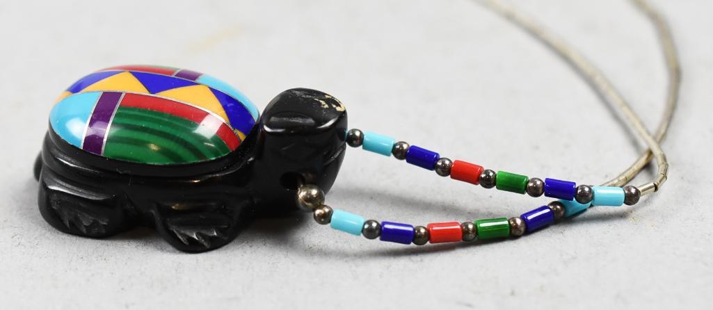 Vintage Zuni Carved Onyx Inlaid Turtle Pendant Necklace (1 of 6)