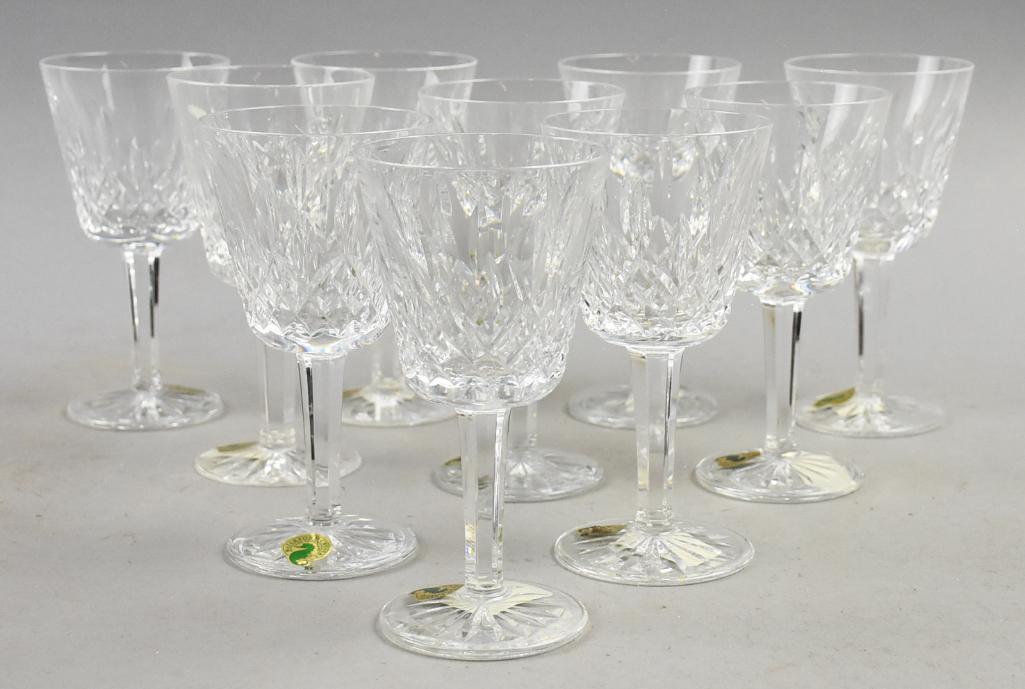 Waterford Crystal - Lismore Claret Wine Glasses Stickers: There are 10 pieces of Waterford crystal in claret wine glass form. Pattern is Lismore and all are?all approx. 5.75 tall