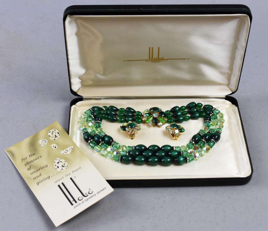 c1960 Hobe' Demi Parure, Green Beads & AB Crystal, Box (1 of 14)