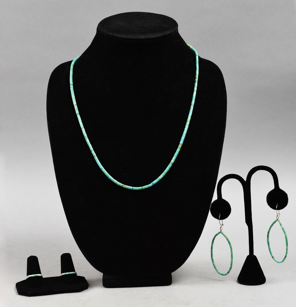 Sterling Turquoise Cylinder Bead Necklace/Earrings+Ring (1 of 7)