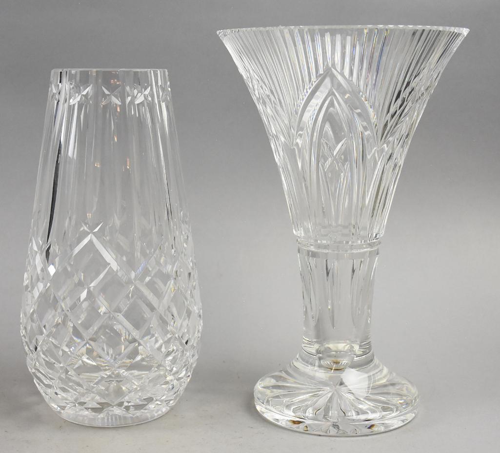 Waterford Crystal - Flower and Rock of Cashel Vases: Wonderful pair of Waterford vases. One is a giftware flower vase which stands approx 9" and the other is Rock of Cashel and stands approx 10" tall. One has original box