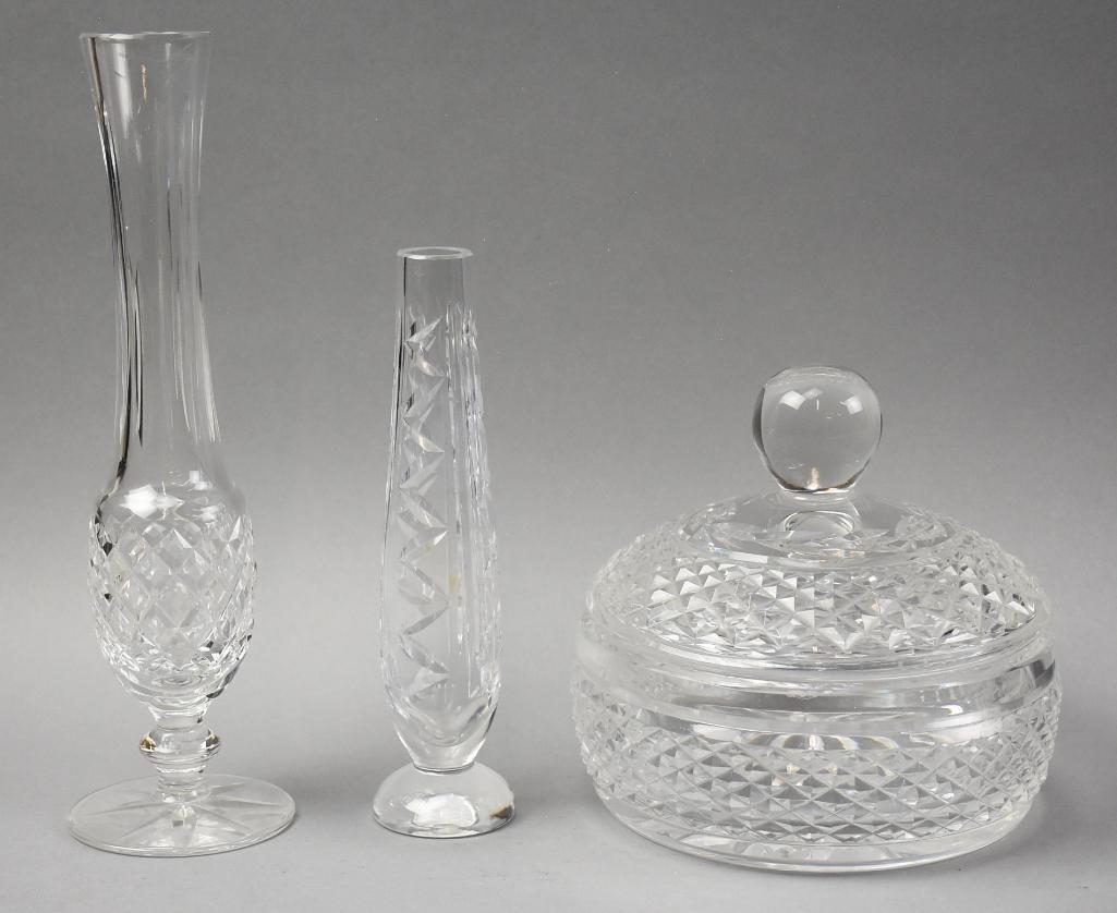 Vintage Waterford Crystal - Glandore & Giftware: Lot is for some great crystal from Waterford. Lot is a candy box with lid in the Glandore pattern and two giftware pieces, a 7 bud vase and 9 bud vase. Each measure from 5.5 to 9.5 tall