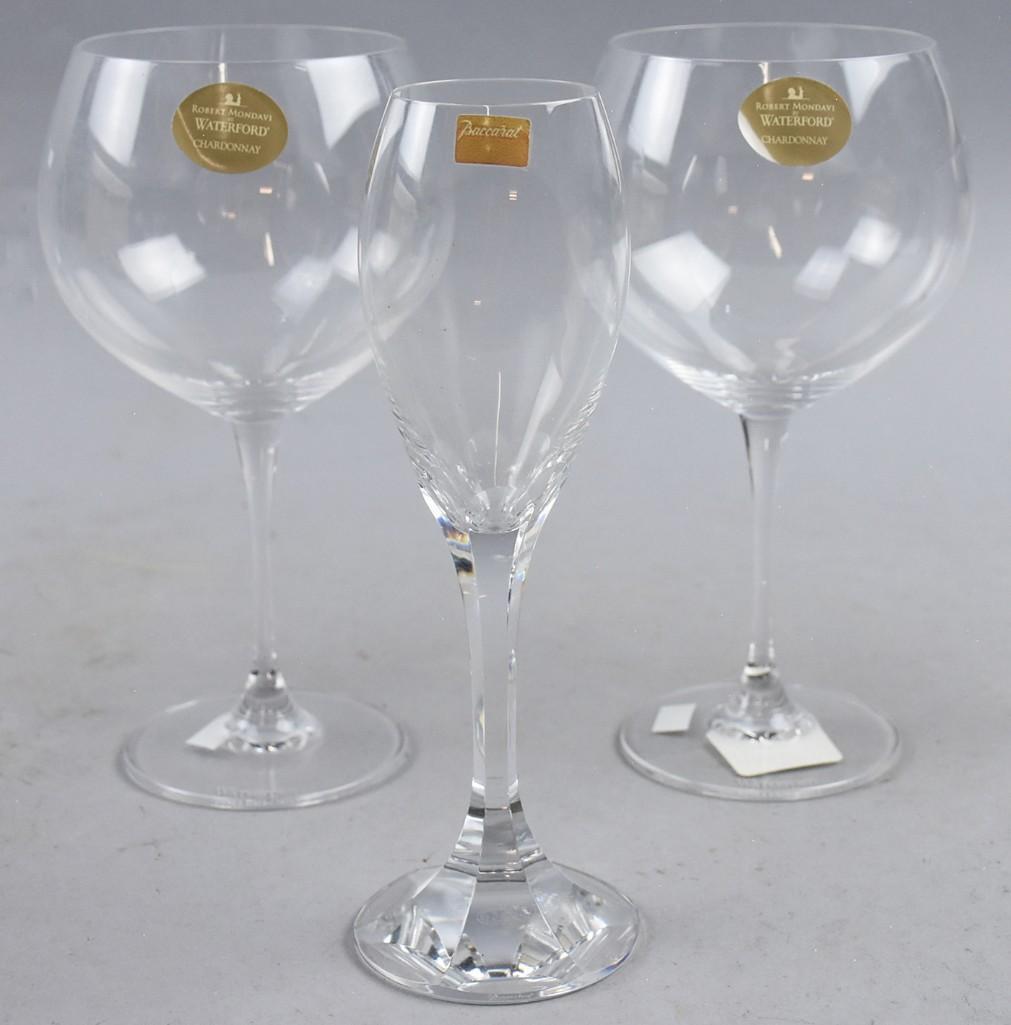 Waterford Crystal - Robert Mondavi Glass/ Baccarat: This nice lot of wine glasses are Waterford crystal for Robert Mondavi with original box and one Baccarat champagne flute. all approx. 8.5 tall