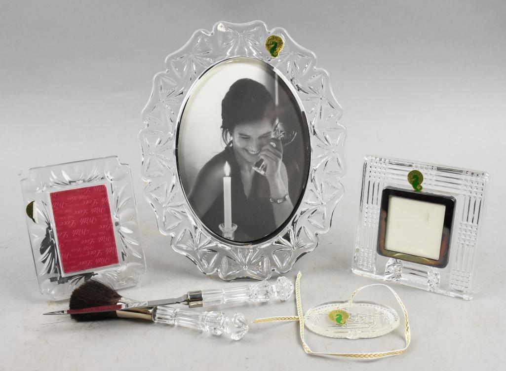 Waterford Crystal - Desk Decor, Frames & More: All of these pieces are Waterford crystal that include picture frames that measure as follows: big frame - 9.5 x 7.5 ; square frame - 4.5 x 4.5 ; smallest frame - 4 x 5 . Included is a dust brush