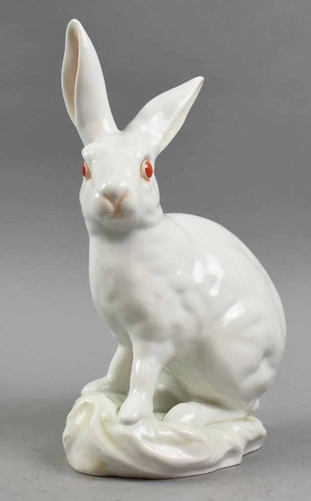 Contemporary Herend Porcelain Bunny Rabbit: Great piece of contemporary Herend in this sweet porcelain bunny. Stark white with pink accents in the ears and orange eyes. Well marked on the bottom with incised numbers; 5334, 9 and impressed H