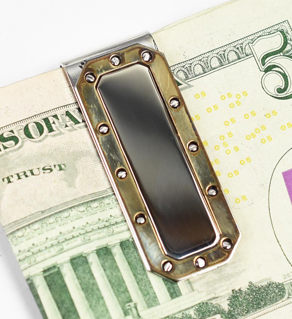 Sterling & Gold Vermeil Ben Bridge Money Clip: Cool sterling silver money clip from Ben Bridge jewelers. Vermeil overlay riveted on front. Marked on back. NOTE: $5 dollar bill not included