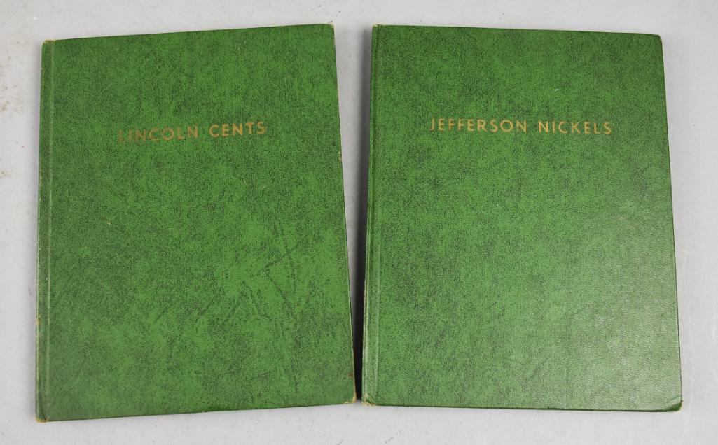 c1965 Whitman Publishing Penny & Nickel Folders w/ Coins 1909: Both of these coin folders are from Whitman Publishing and are for Lincoln Head cents for 1909 to Present Date and go to 1963 and Jefferson Nickels for 1938 to Present Date and go to 1965. Each has 