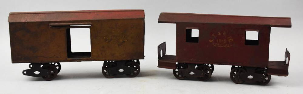 Schieble Toy & Novelty Co ST&N Co 1912 Special: Wonderful pressed steel train cars by Schieble Toy & Novelty Co. These would be for the Hill Climber Locomotive and include the caboose and a boxcar.