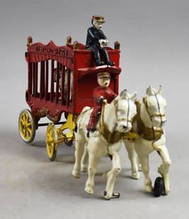 Antique Kenton Horse Drawn Overland Circus Bear Cage: This cool antique toy is from Kenton Hardware Co. This two horse drawn wagon is for the Overland Circus and is hauling the polar bear cage with bear inside. Appears to be all original and retains one