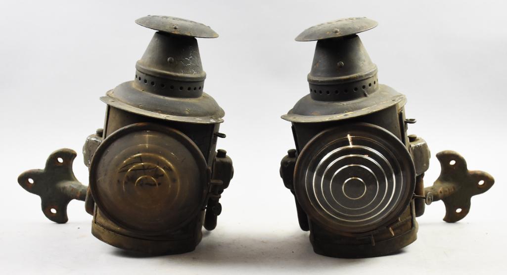 c1920 Adlake Semaphore Truck Lamps: This is a great pair of Adlake truck lamps. These semaphore style lanterns would have been used for delivery or work trucks and were used as headlights. Each is embossed on top and stand approx. 10.5"