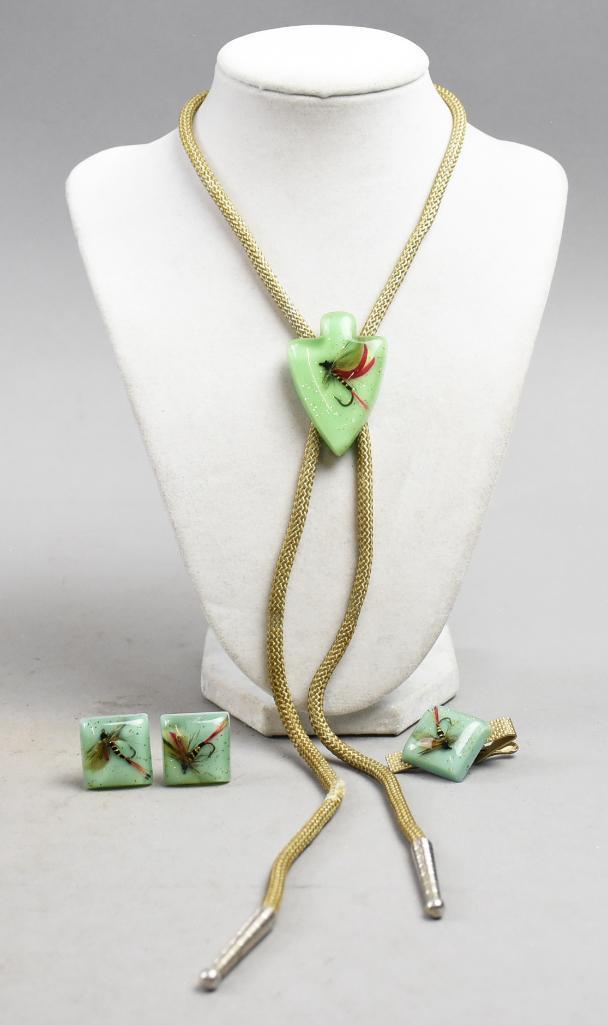 Mid Century Fly FIshing Bolo Tie, Cufflinks & Tie Bar (1 of 7)