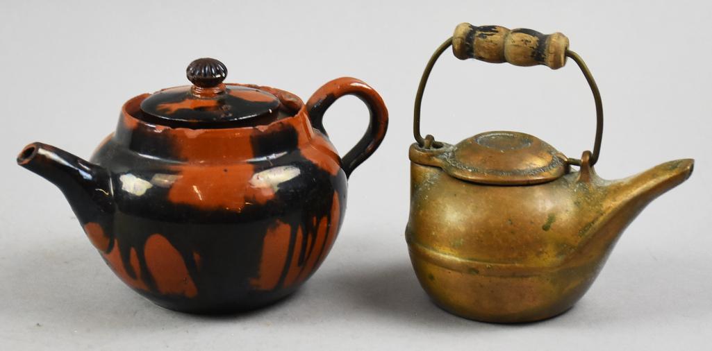 Vintage/Antique Brass & Red Clay Teapots, Japan: These are cute teapots that measure from 3" and 4" (with handle) tall. The red clay teapot is marked inside the lid Made in Japan with a very pretty drip glaze. The brass teapot appears to have been h
