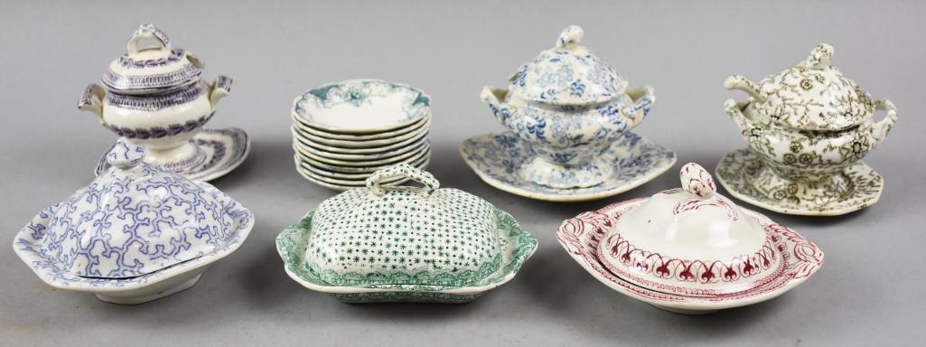 Antique Porcelain Child Size Stoneware Serveware: Nice mixed lot of what appears to be all stoneware. These children's dishes are a nice variety of tureens, plates and lidded dishes. Pieces include a lidded bowl by C.E. & M. in the Fishers pattern, T