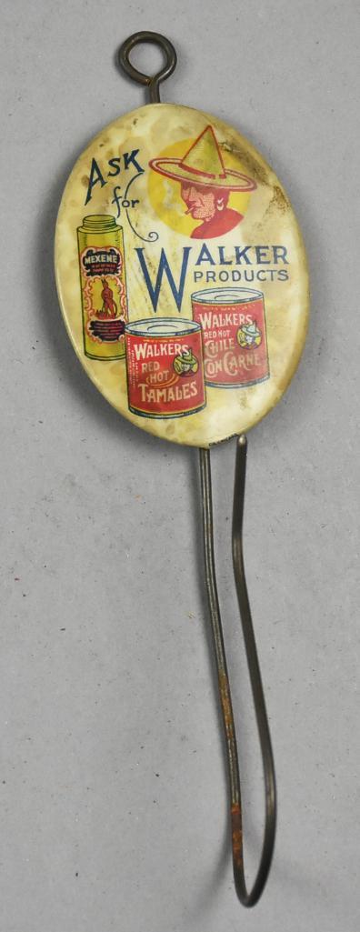 Early 20th C Walker Products Advertising Bill Hook: This is a great advertising piece from Walker Chili Company, founded in 1906. Celluloid oval advertising for Mexene, Red Hot Tamales and Red Hot Chili Con Carne. Embossed instruction on back with long