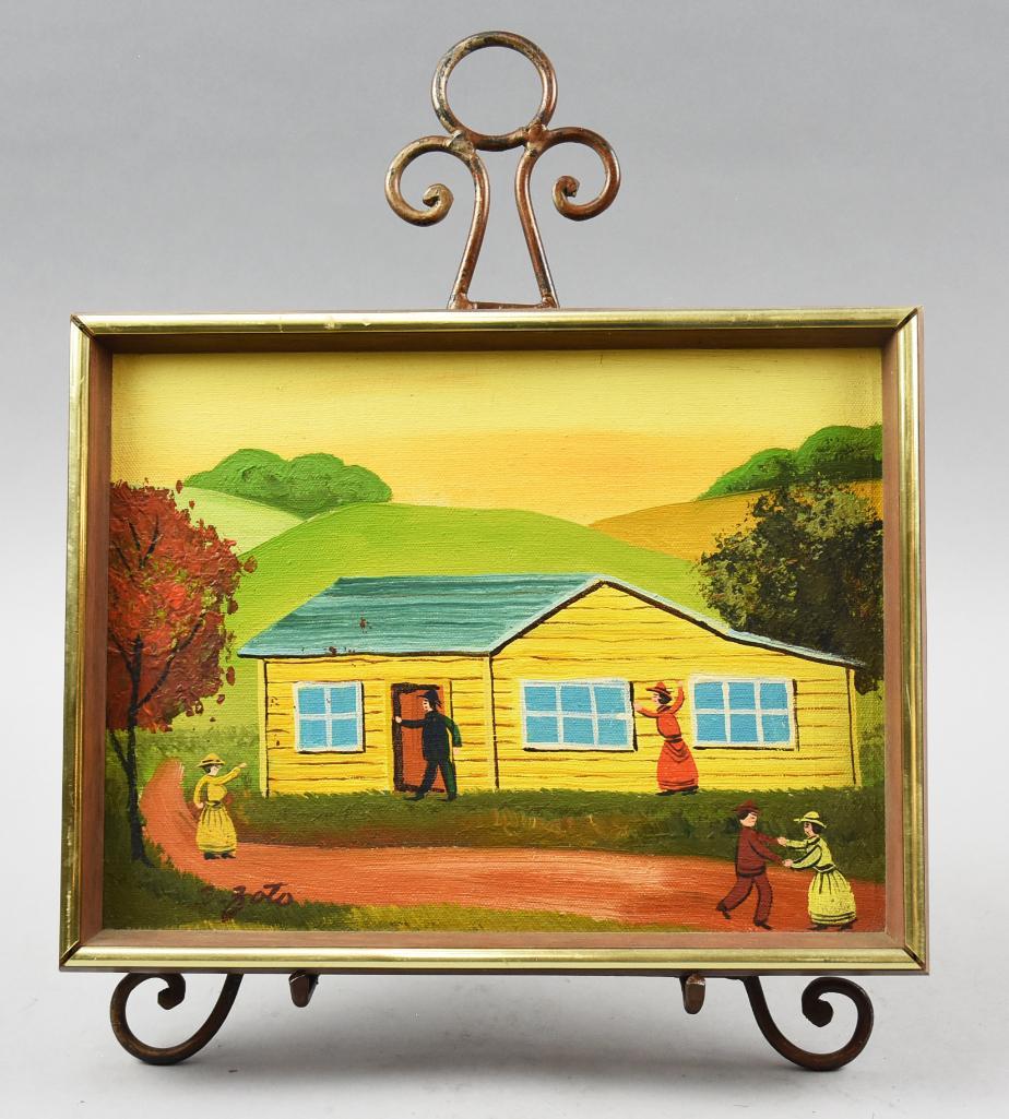 Simon Zoto (1930 - ) American Folk Artist: Simon Zoto is an American folk artist, born in 1930, New York. His artwork was centered around Americana with this painting showing a man walking in a house and people appearing to be dancing. Signed