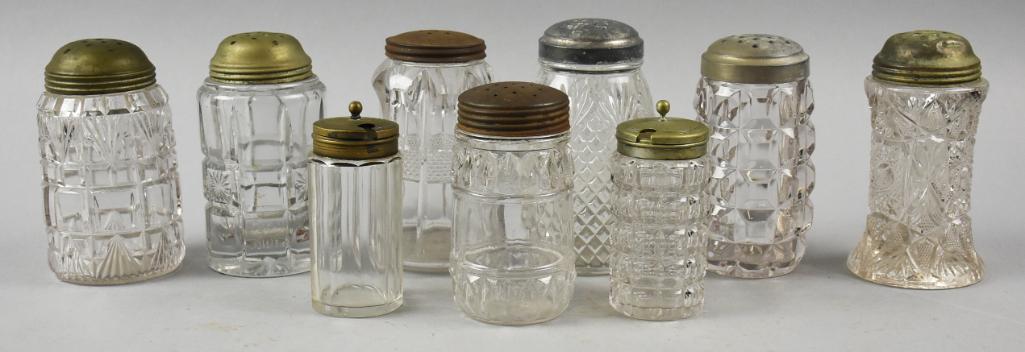 19th C EAPG Salt Shaker Variety,: Richards & Hartley, Fanchon aka Block and Fan and others are included in this lot. Measure from 4" to 5" tall