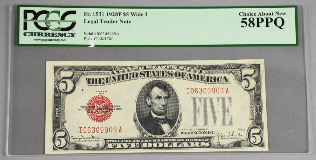 1928F $5 Wide I, Legal Tender Note, PCGS 58PPQ (1 of 2)