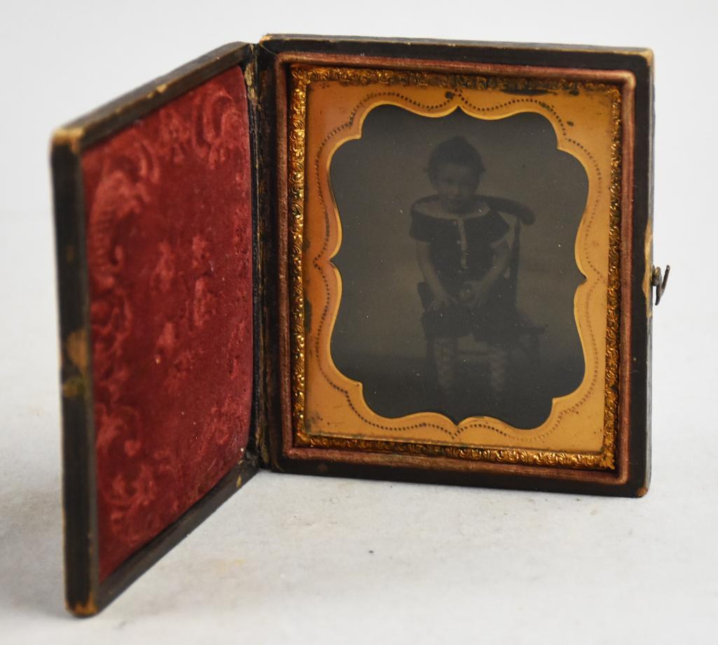 c1870 Leather Case, Tinted Child Tin Type Photograph (1 of 6)