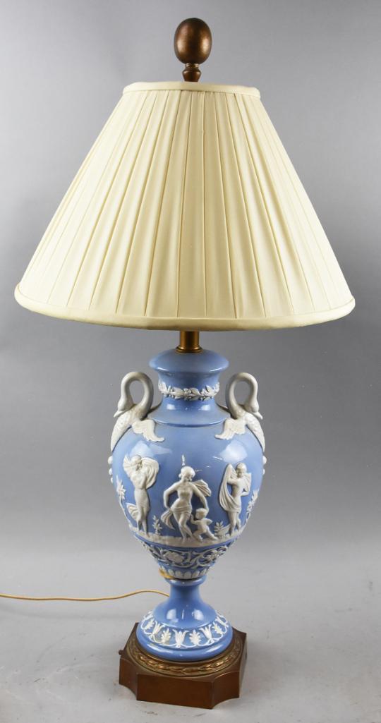 Vintage Wedgwood Style Glossy Jasperware Lamp Nymph: This is a beautiful lamp in porcelain. It is either Wedgwood or Lenox with the beautiful high gloss jasperware and swan handles. Stands approx 35" tall with no visible marks.