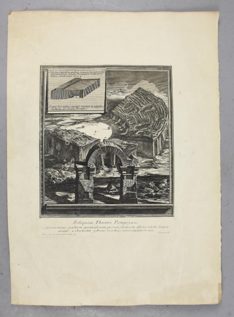 c1760 Giovanni Battista Piranesi (1720-1778) Etching: This wonderful etching is from Italian artist Giovanni Battista Piranesi (1720-1778). It is called "Reliquiae Theartri Pompejani" and features ruins of an ancient theater with open air seating and arc